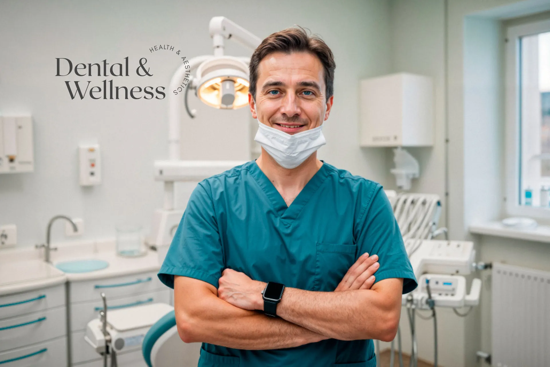 Emergency dentist: smiling dentist with arms folded in a dental surgery