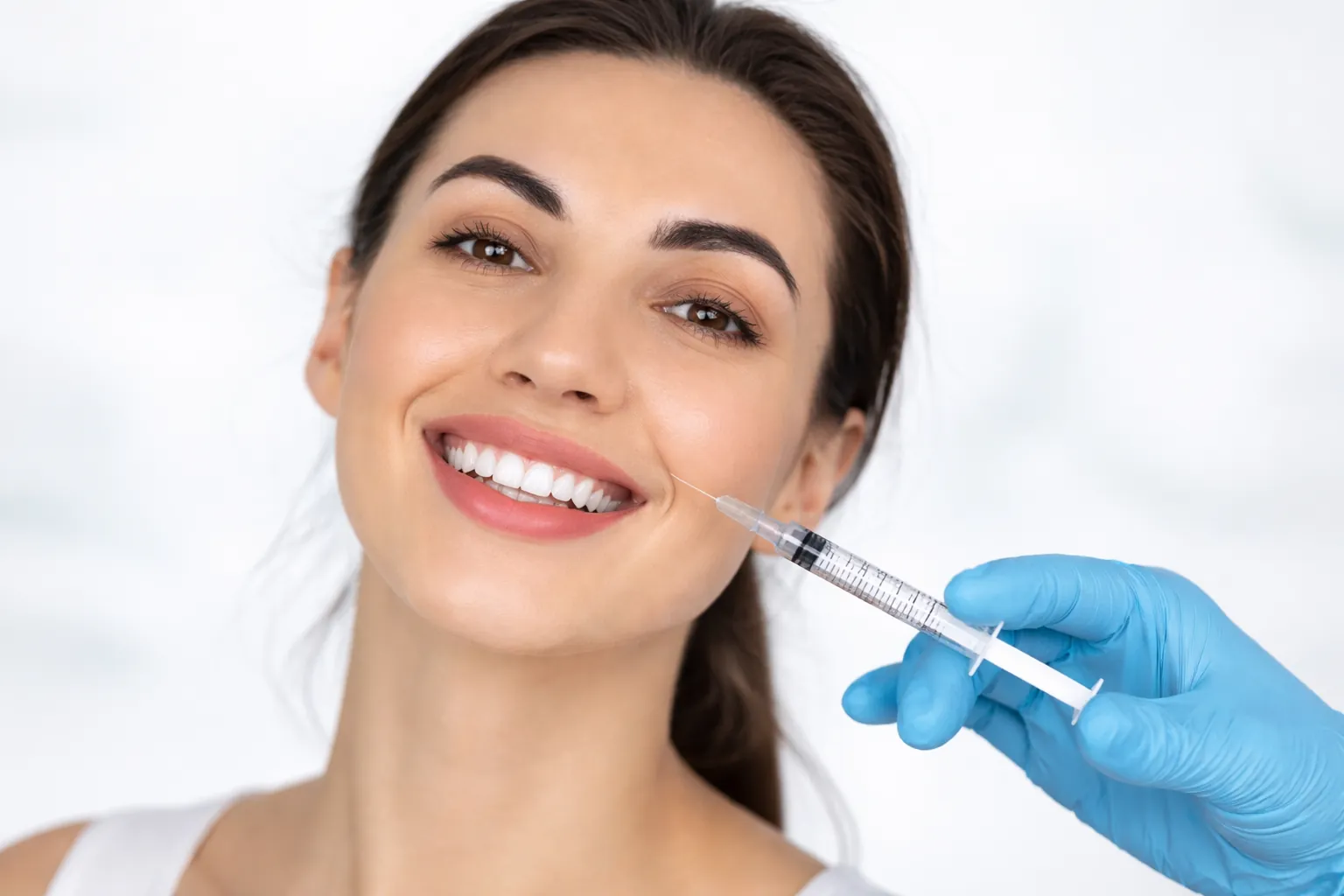 Gummy smile treatment: smiling woman with a gloved hand holding a syringe beside her upper lip