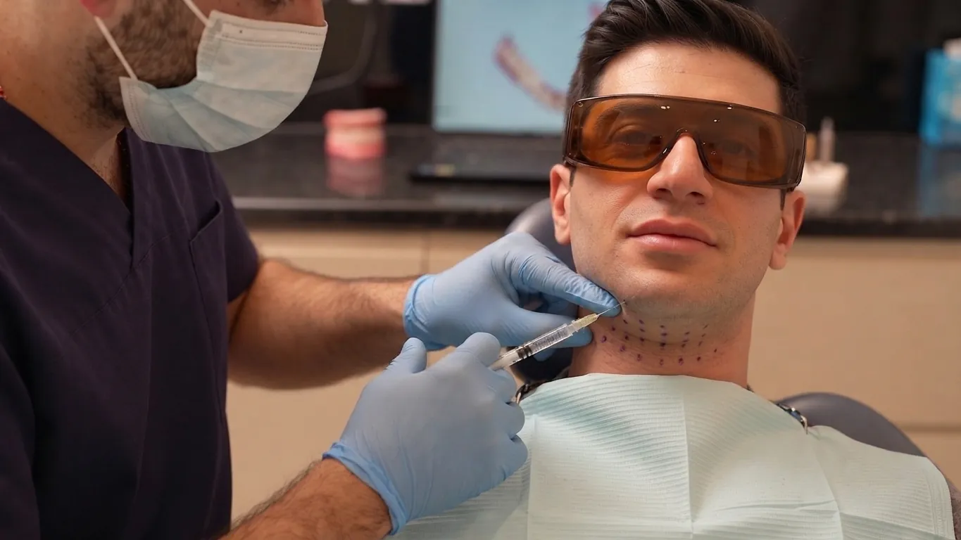 Fat dissolving injections: clinician injecting along a patient's jawline, with treatment guide points marked on the skin