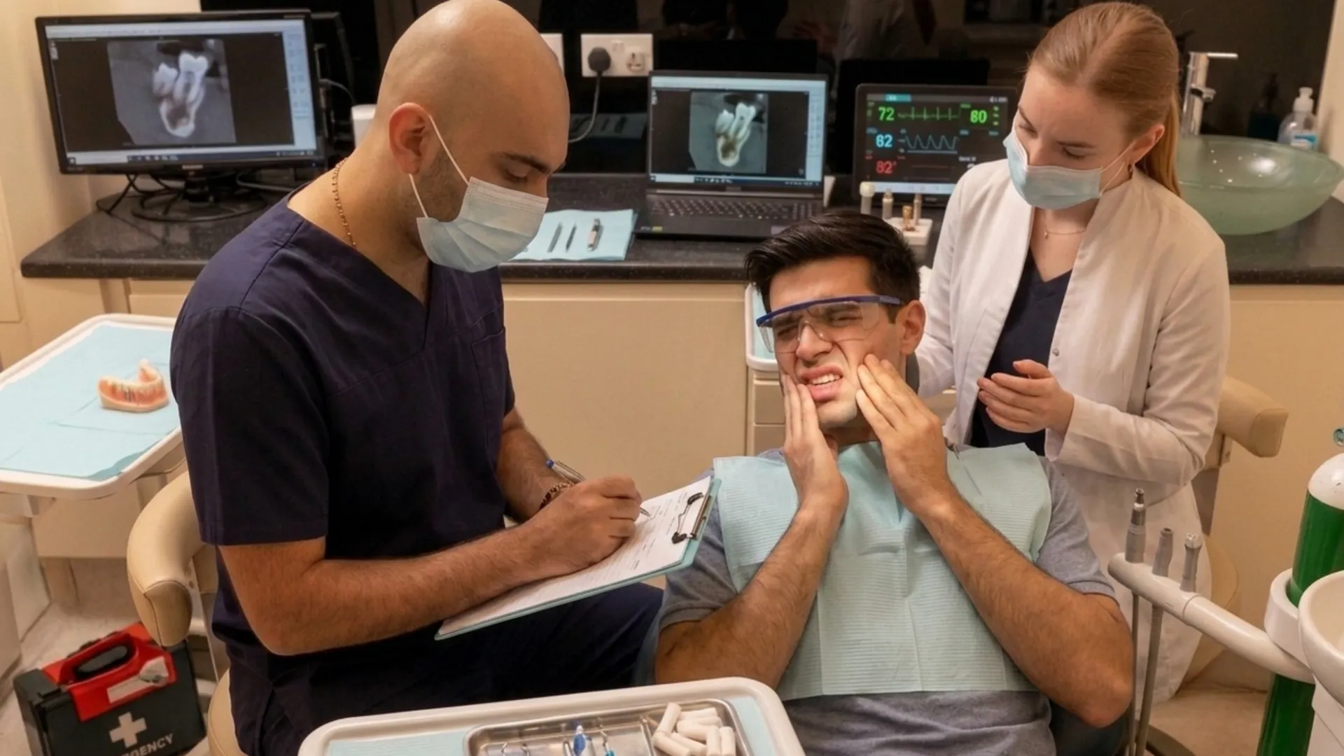 Masseter treatment longevity: dentist taking notes as a patient holds his jaw in the chair, with a nurse beside him