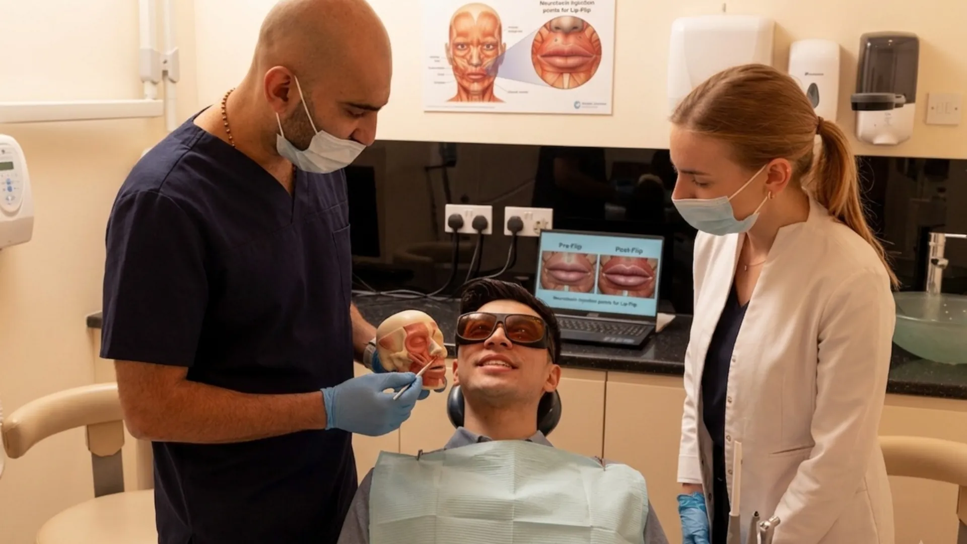 Lip flip in Islington, London: clinician and nurse treating a patient in protective eyewear, facial anatomy chart on the wall