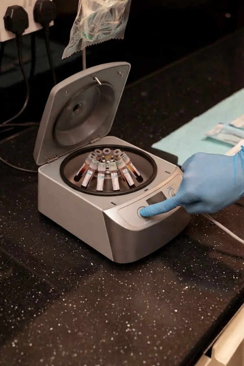PRP facial in Islington, London: gloved hand operating a centrifuge used to prepare a PRP treatment