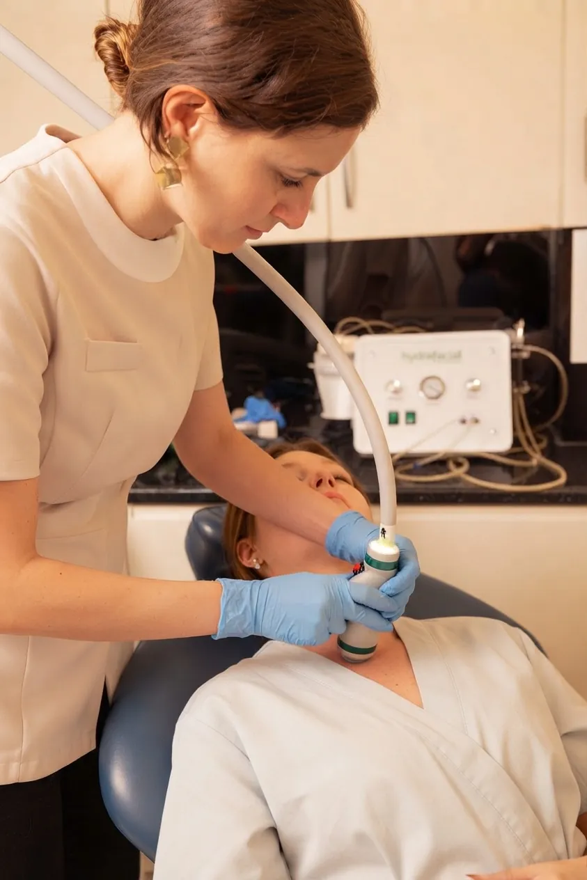 Neck rejuvenation in Islington, London: therapist using a handheld device on a reclining patient's neck