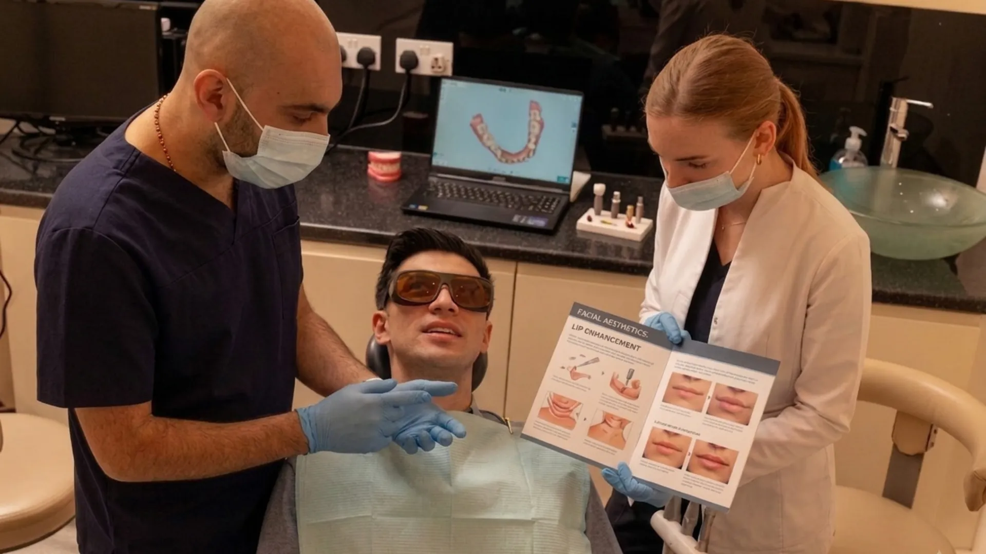 Lip fillers in Islington, London: dentist and nurse explaining a treatment leaflet to a patient in protective glasses
