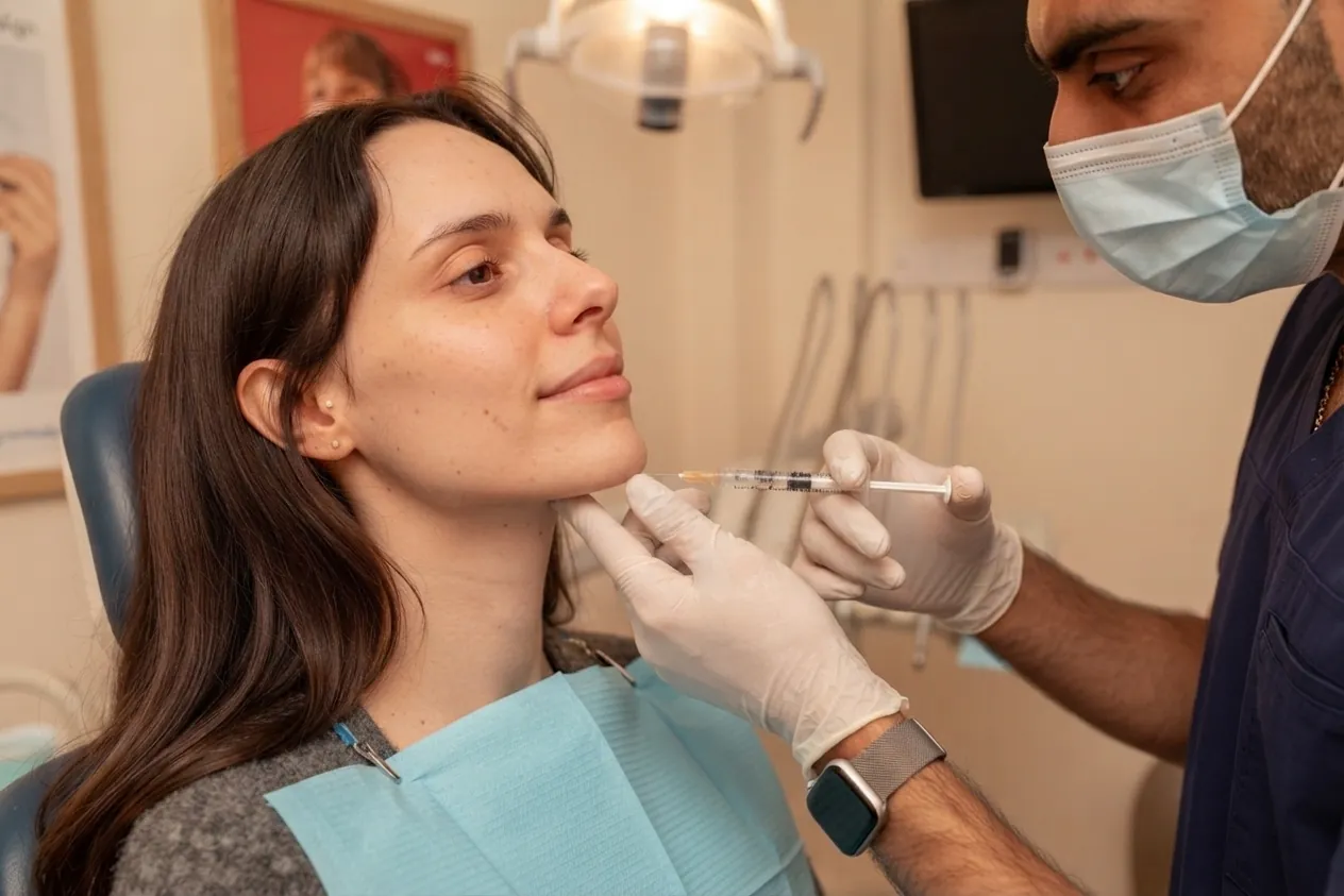 Clinician injecting along a smiling woman's jawline in the treatment chair