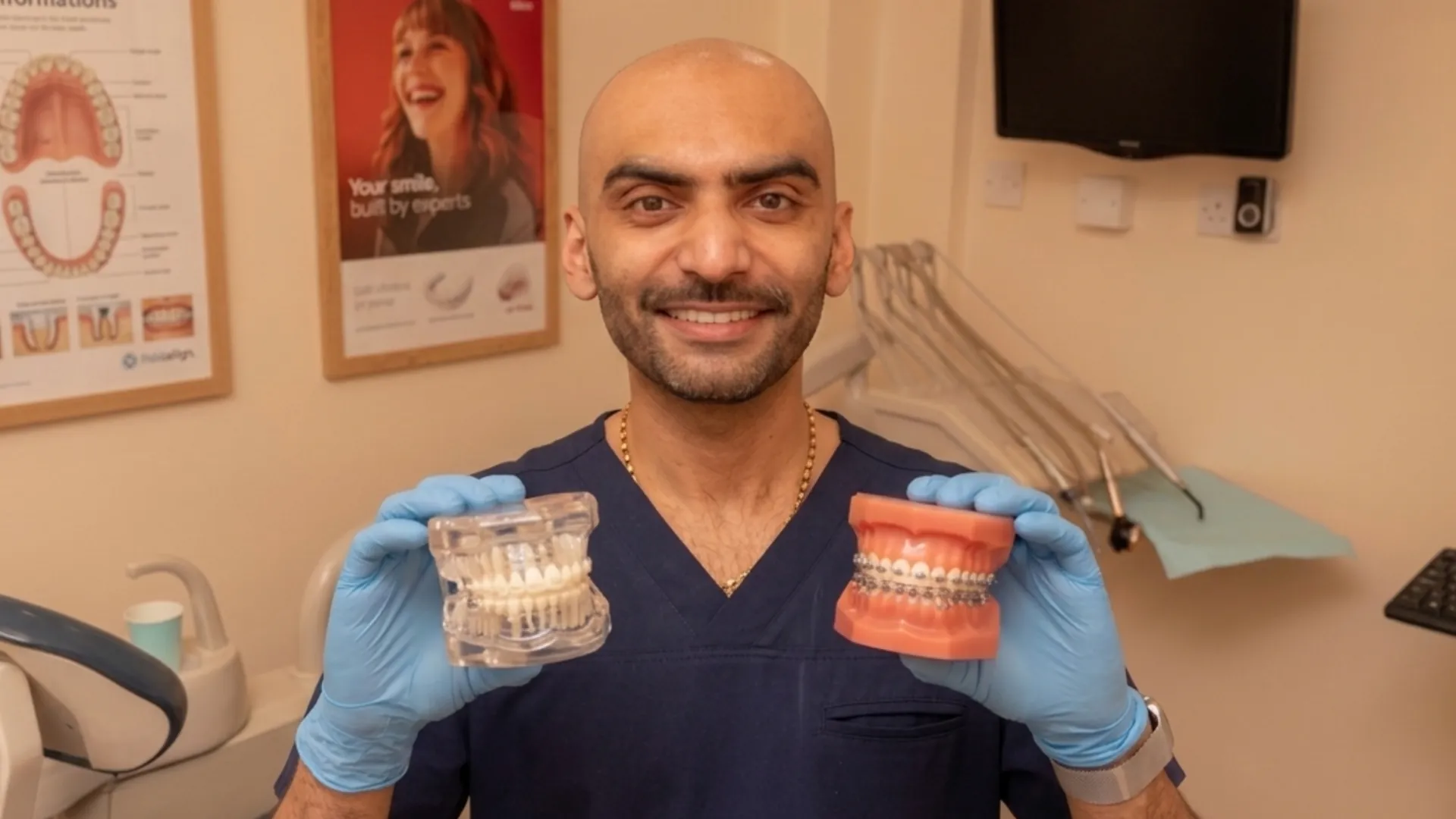 Teeth straightening options: dentist holding a clear aligner model in one hand and a fixed metal brace model in the other