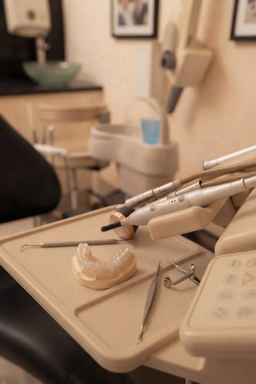 Invisalign single arch cost in Islington, London: dental model and instruments beside the dental chair