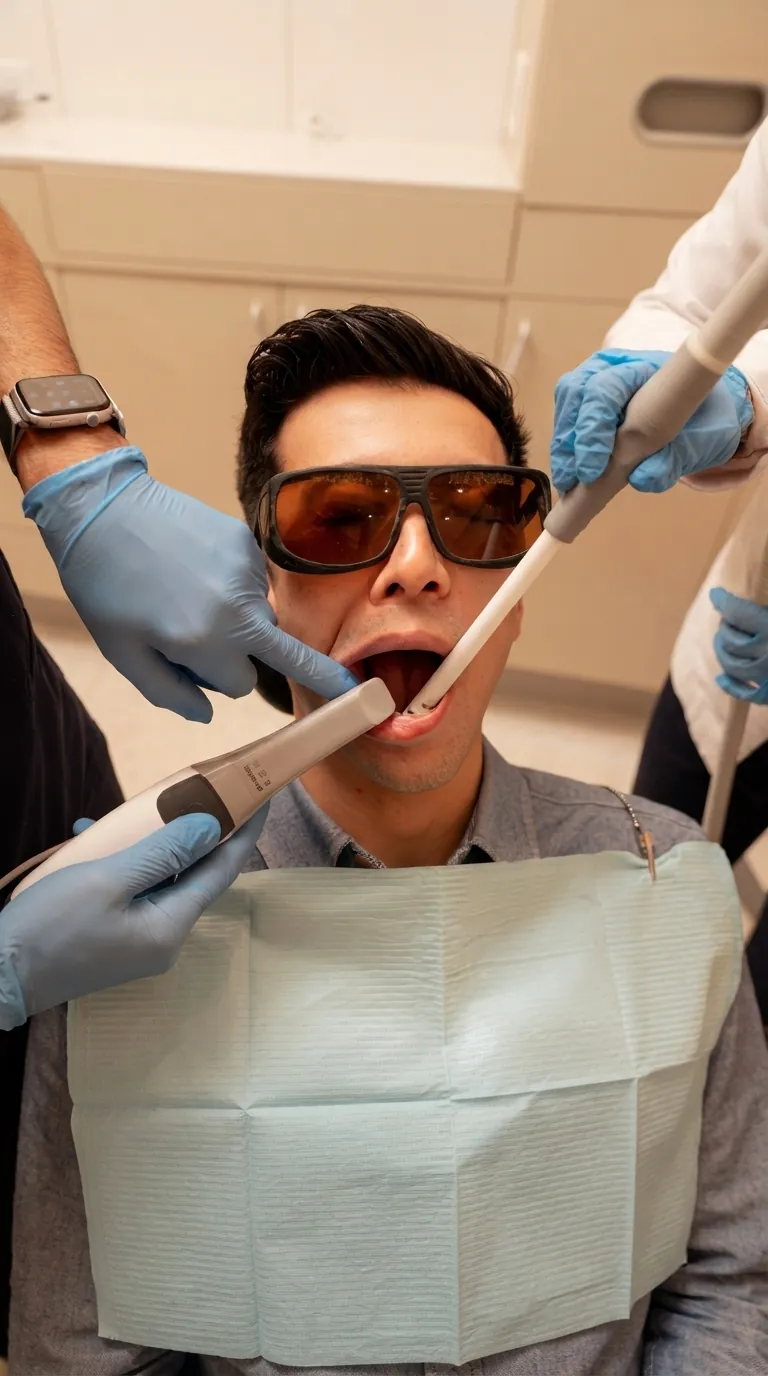 Dental examination in Islington, London: patient in protective glasses having his mouth examined