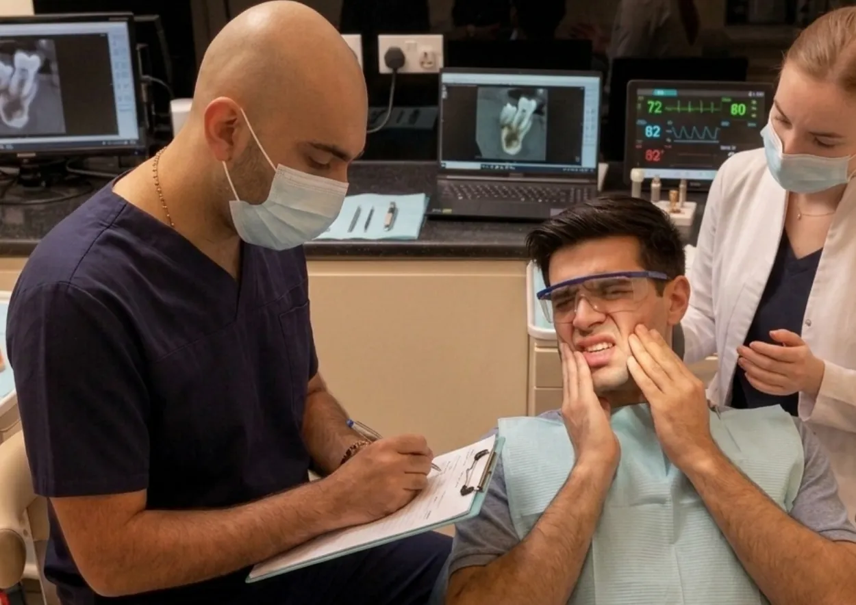 Emergency dentist in Islington: dentist assessing a patient holding his cheek in pain during an emergency dental appointment