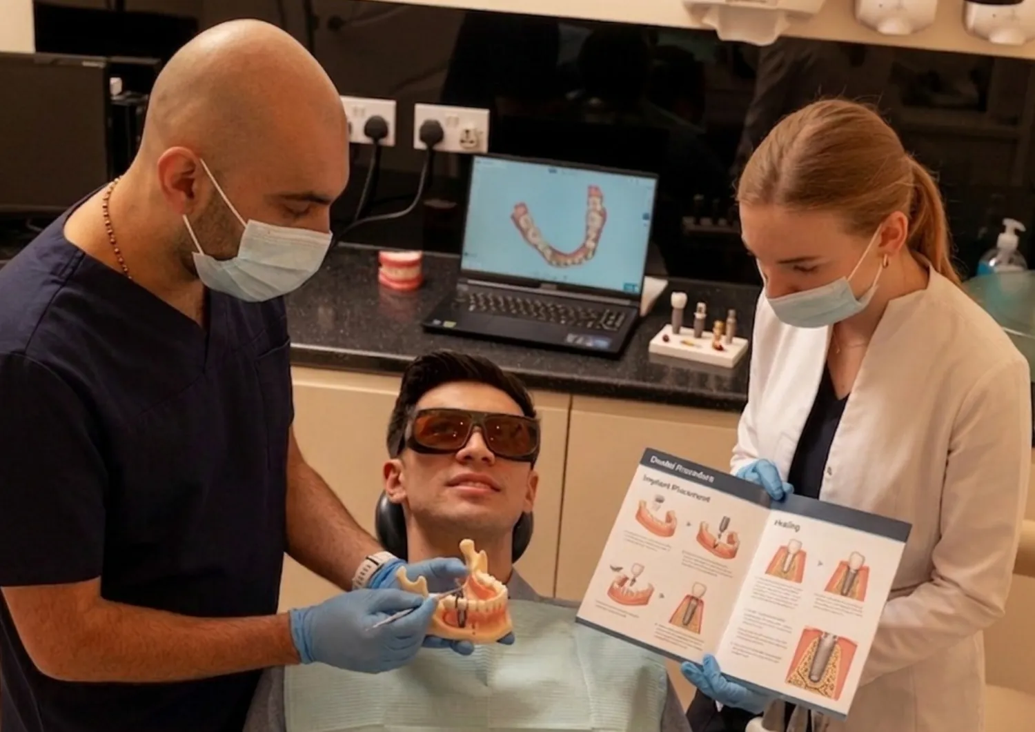 Dentist and nurse explaining dental implants to a patient with a model and leaflet — immediate vs delayed implants