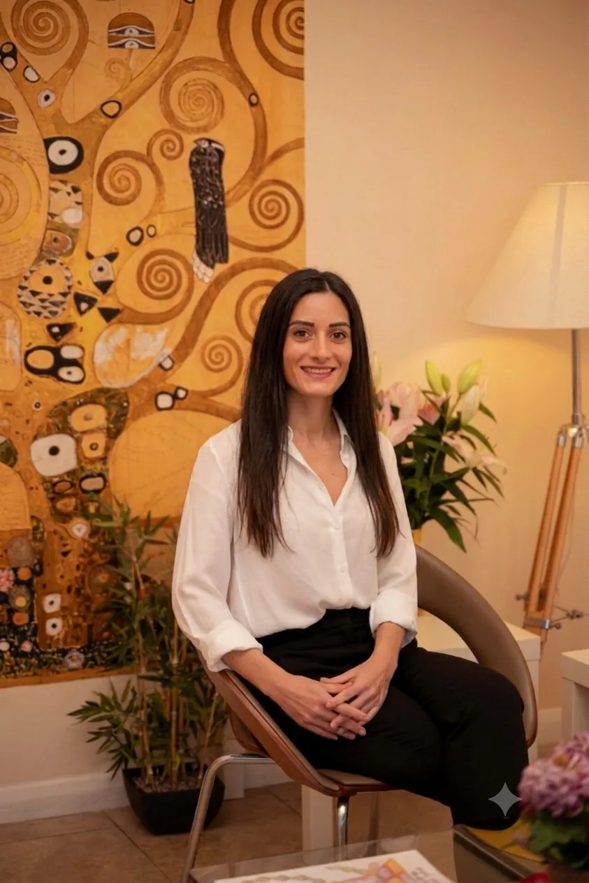 Naturopath in Islington, London: Nicoletta Peloni, naturopathic nutritional therapist, seated in the clinic lounge