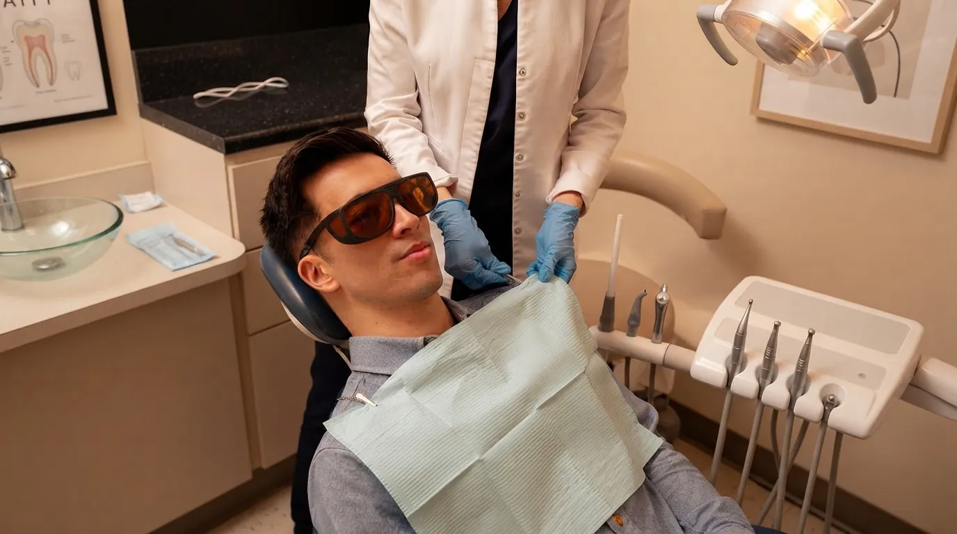 Composite bonding longevity: patient in protective glasses reclining in the dental chair with a nurse beside him