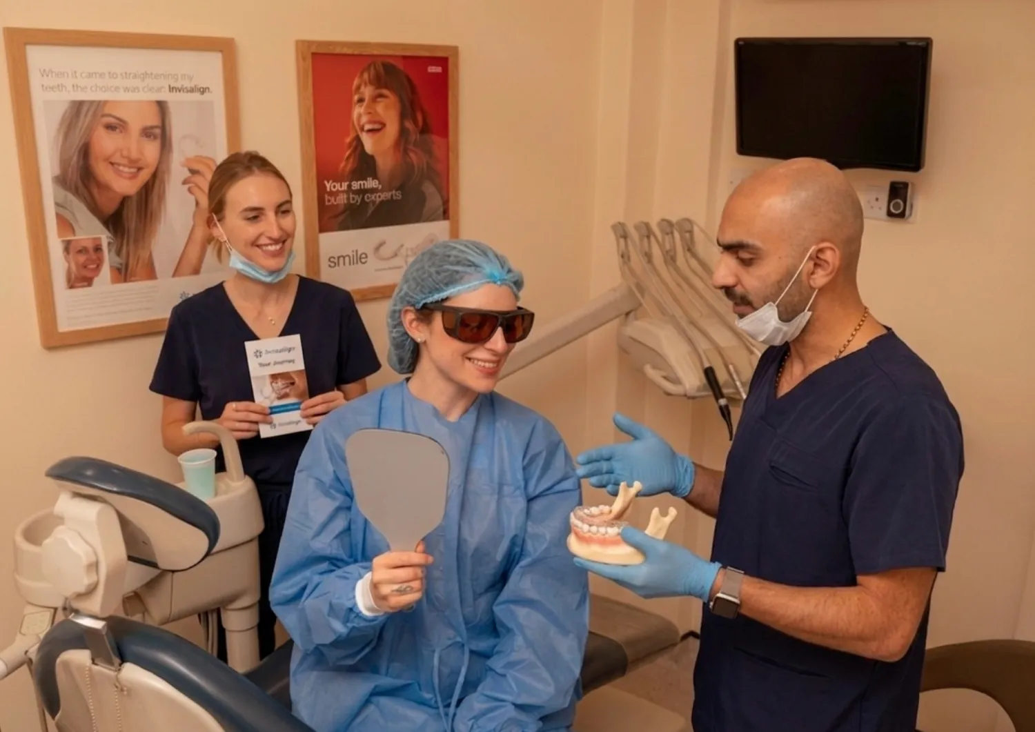 Crooked teeth treatment: dental team showing a patient in protective eyewear a dental model while she holds a mirror