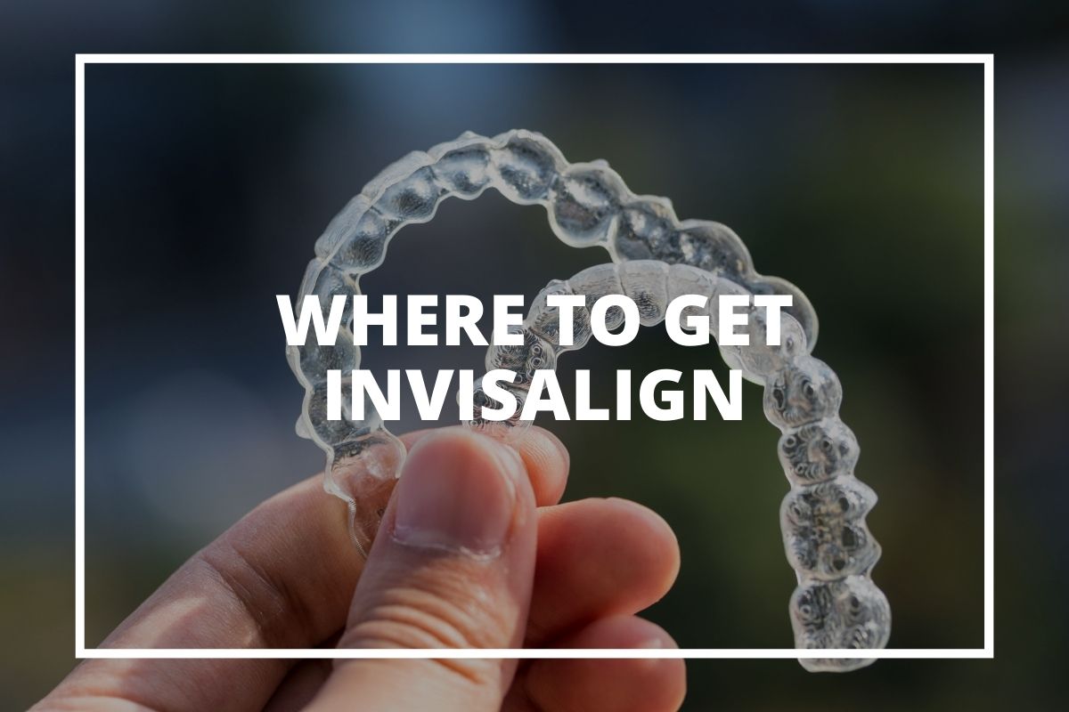 Graphic reading 'Where to get Invisalign' over a hand holding a clear aligner