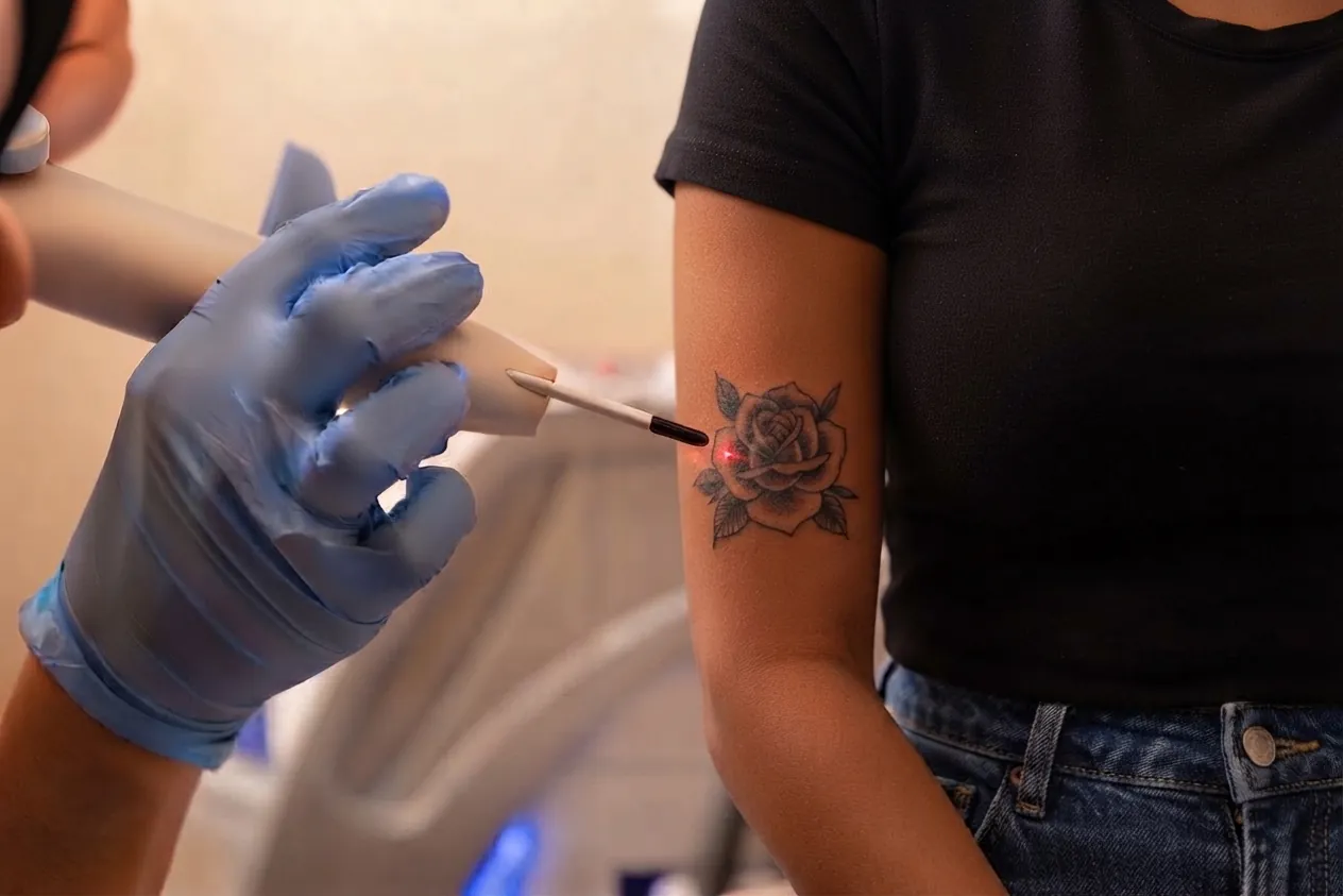 Gloved hand using a laser handpiece on a rose tattoo on an upper arm — old faded tattoo removal