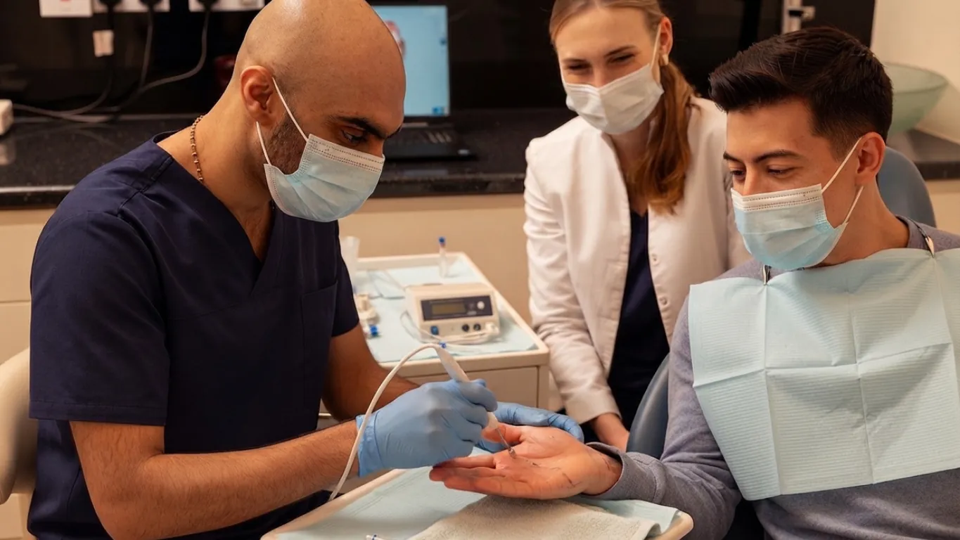 Dentist treating a patient's palm with the nurse assisting — hyperhidrosis treatment