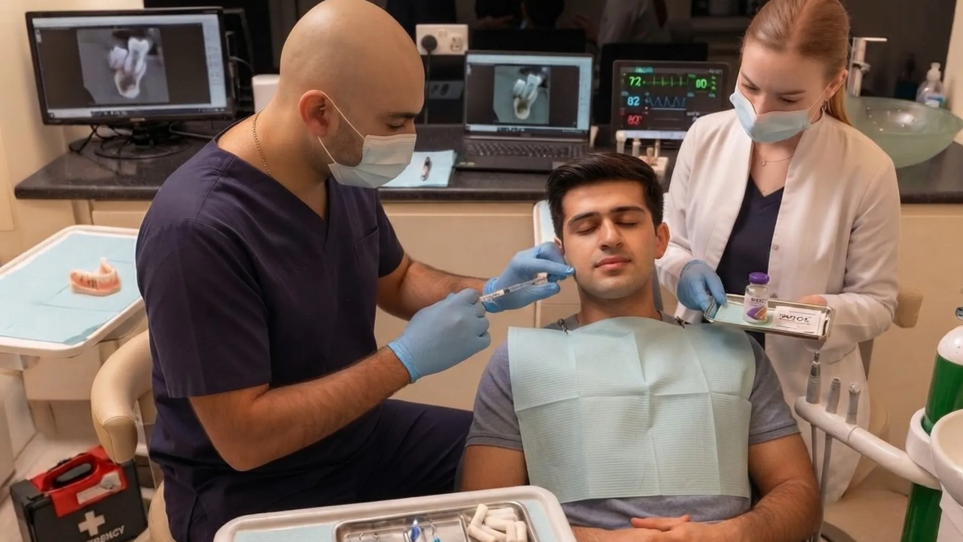 Clinician treating a patient's jaw area in the dental chair, with a nurse assisting — masseter treatment longevity
