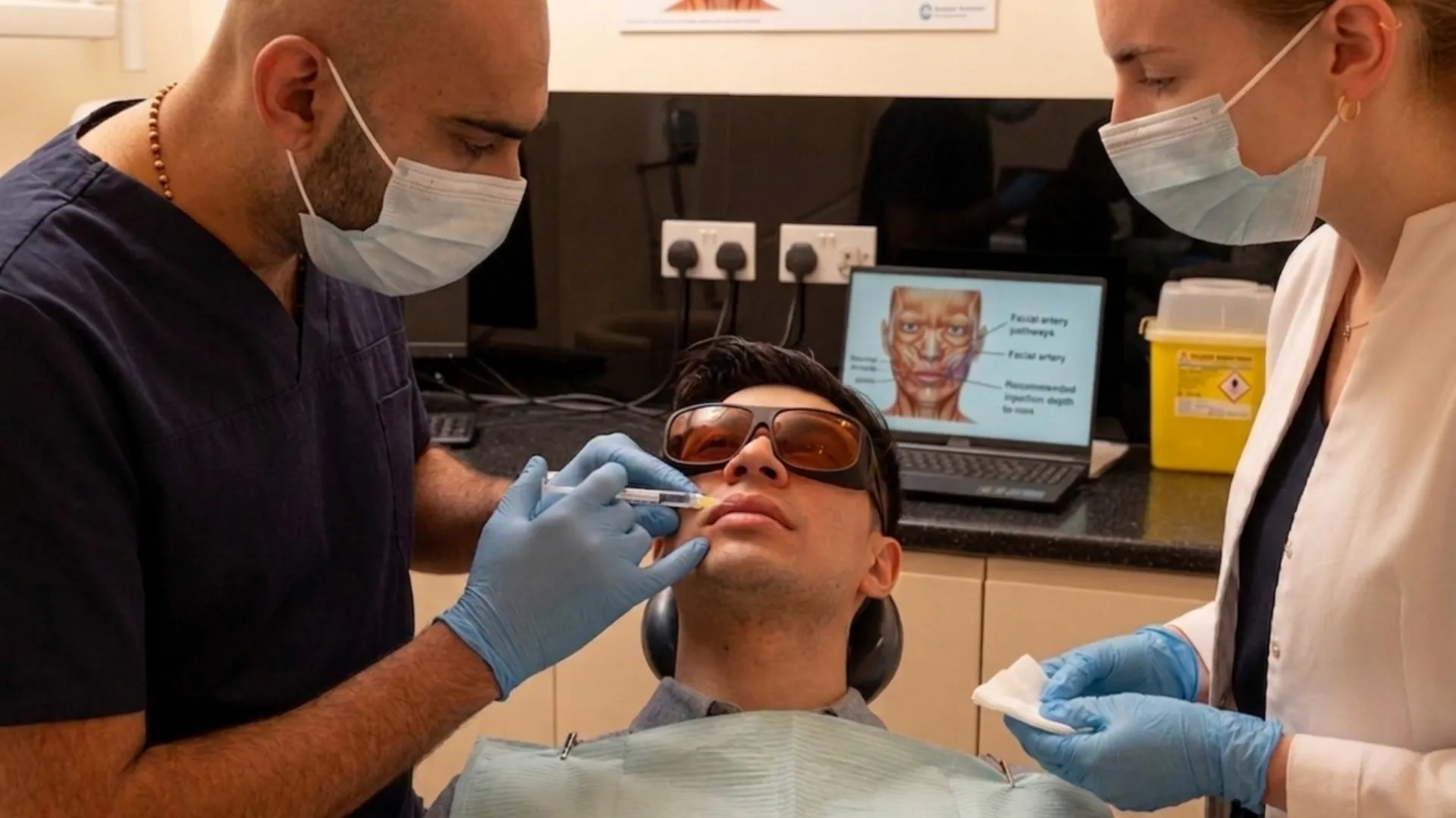 Clinician treating the lip area of a patient in protective glasses, with a facial anatomy chart on screen — lip flip cost