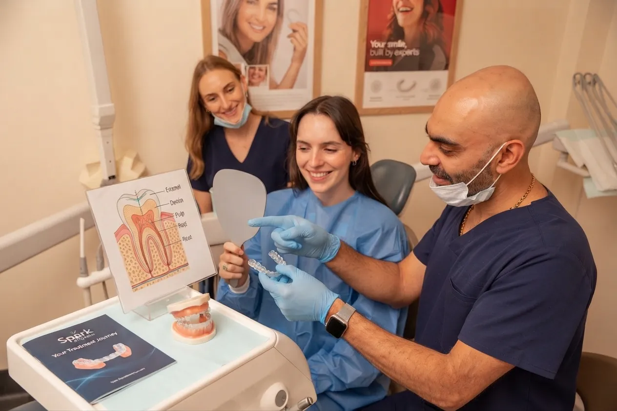 Dentist and nurse explaining a tooth diagram to a smiling patient holding a mirror — Invisalign non-extraction method