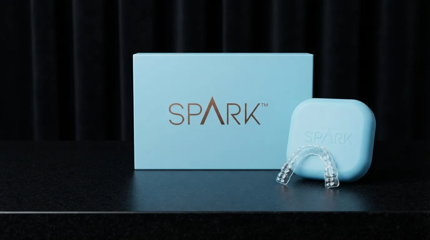 Spark aligner box, case and clear aligner on a dark background