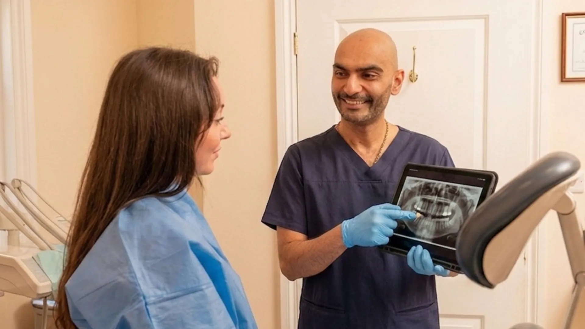 Dentist showing a patient a dental X-ray on a tablet — teeth bonding