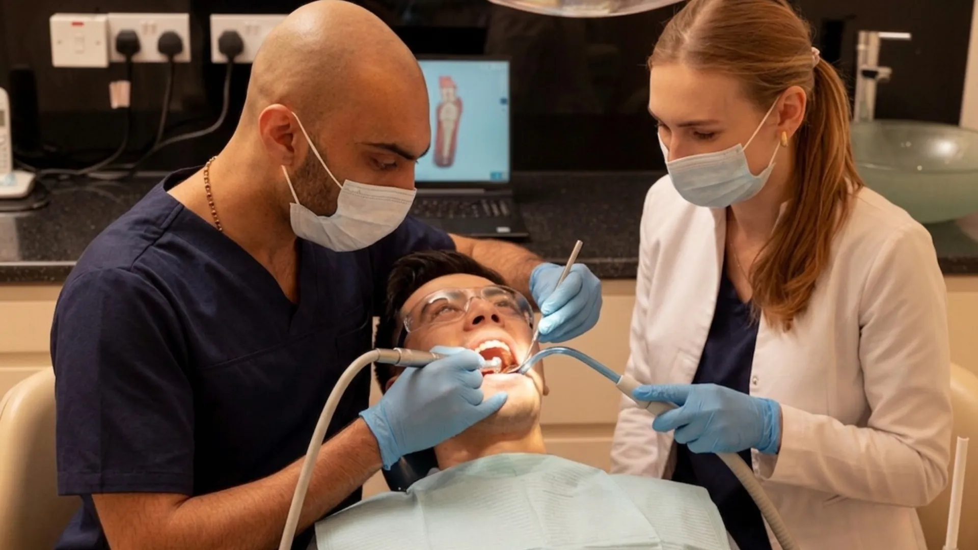 Dentist and nurse treating a patient in the dental chair — porcelain veneers