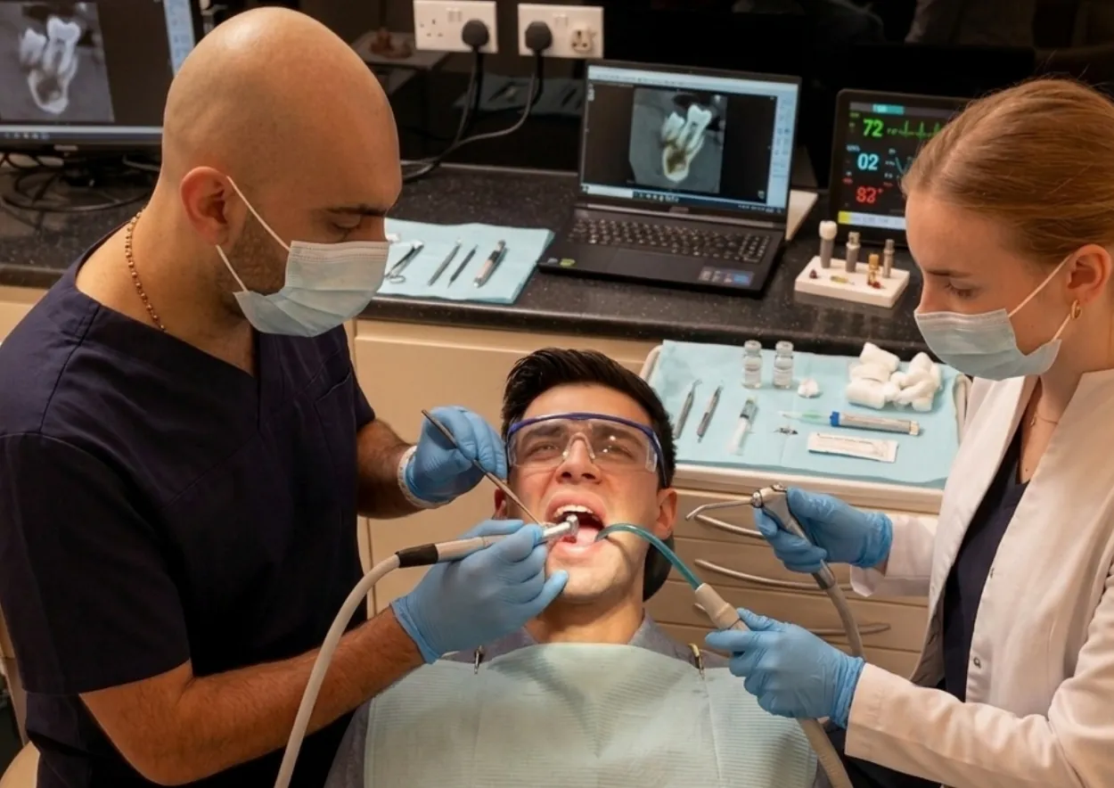Dentist and nurse treating a patient in protective glasses, with an X-ray on screen