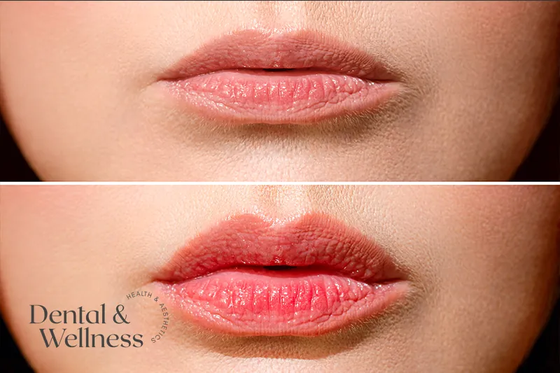 Before and after showing a subtle lip flip transformation for a fuller, natural lip look.