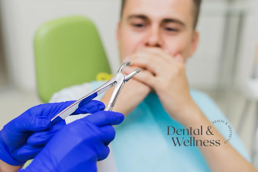 Anxious patient covering his mouth as a dentist holds extraction forceps — wisdom tooth removal