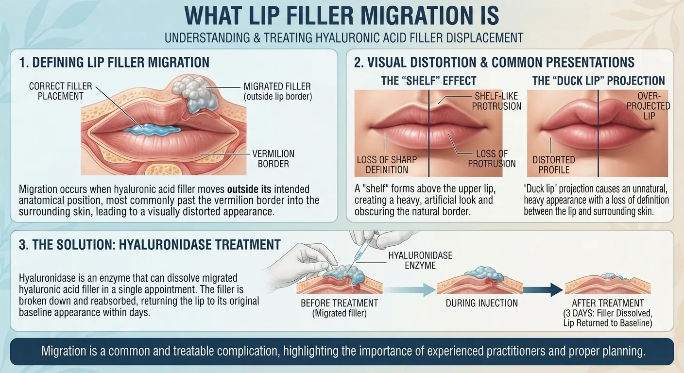 Infographic explaining lip filler migration, how it looks and how hyaluronidase can dissolve it