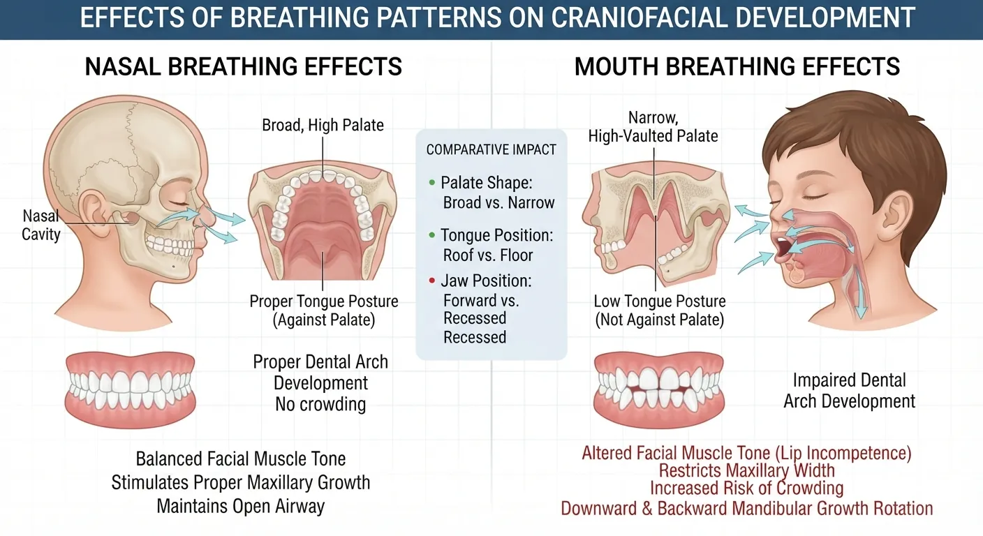 Infographic comparing the effects of nasal and mouth breathing on facial and dental arch development