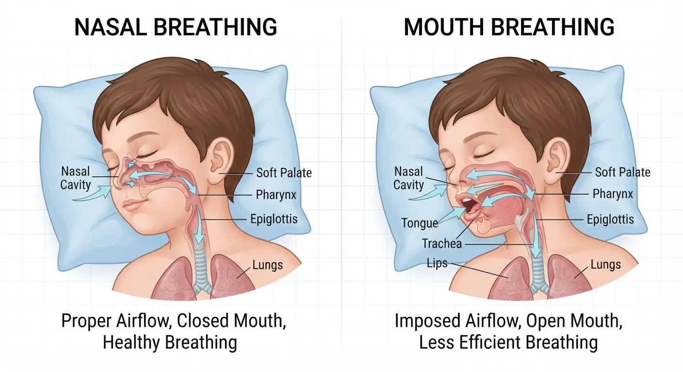 Diagram comparing a child's airway during nasal breathing and mouth breathing