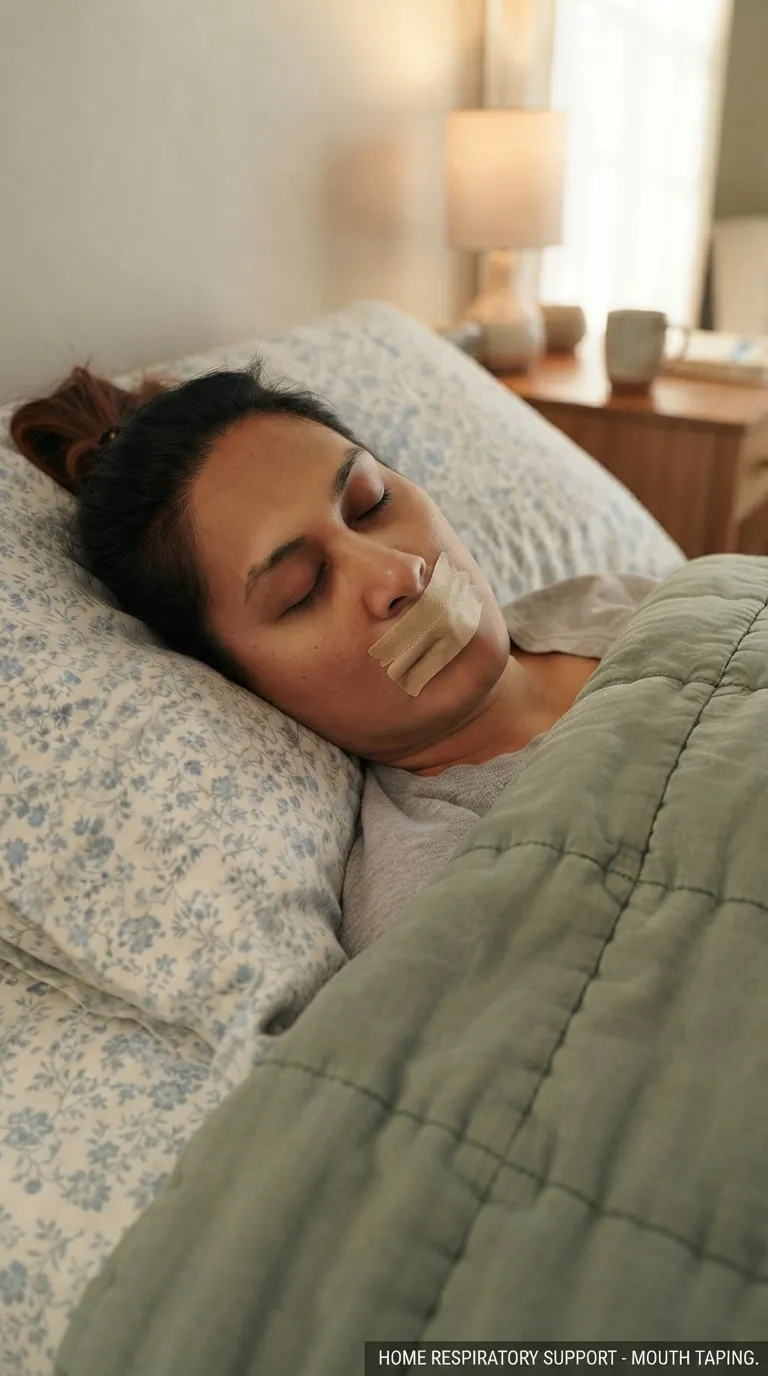 Mouth taping for sleep: woman asleep in bed with tape across her lips