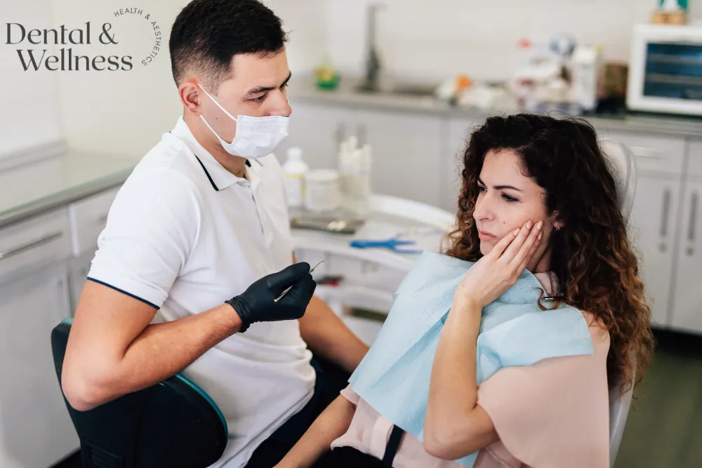 Dentist examining a woman who is holding her cheek in pain