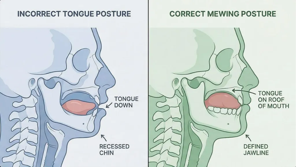 Diagram comparing a low tongue posture and recessed chin with the tongue resting on the roof of the mouth