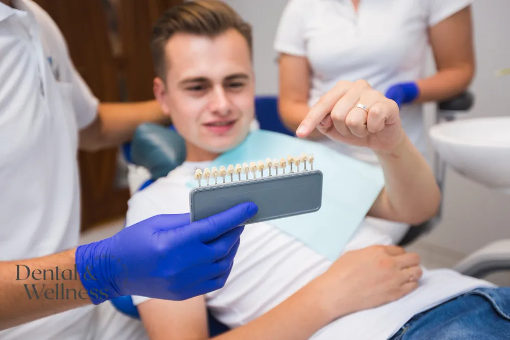 Dental team matching a shade guide to a young man's teeth in the dental chair