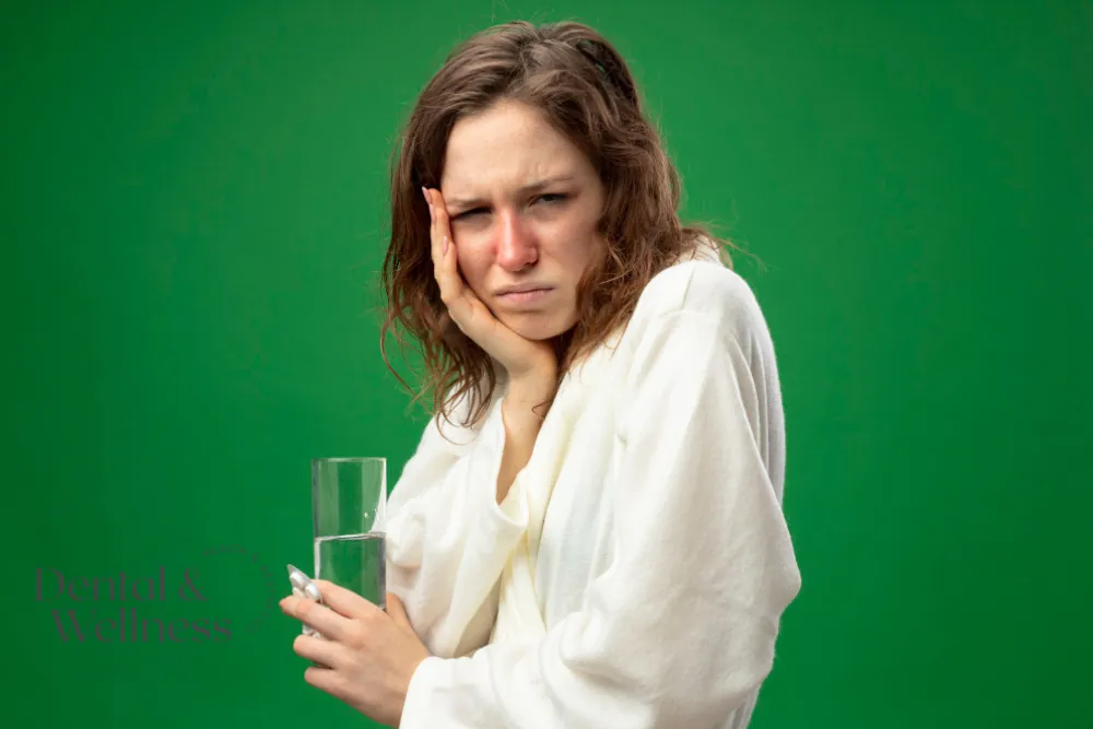Woman wincing and holding her cheek while holding a glass of water, suggesting tooth sensitivity