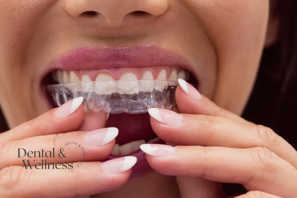 Close-up of a woman fitting a clear aligner over her lower teeth