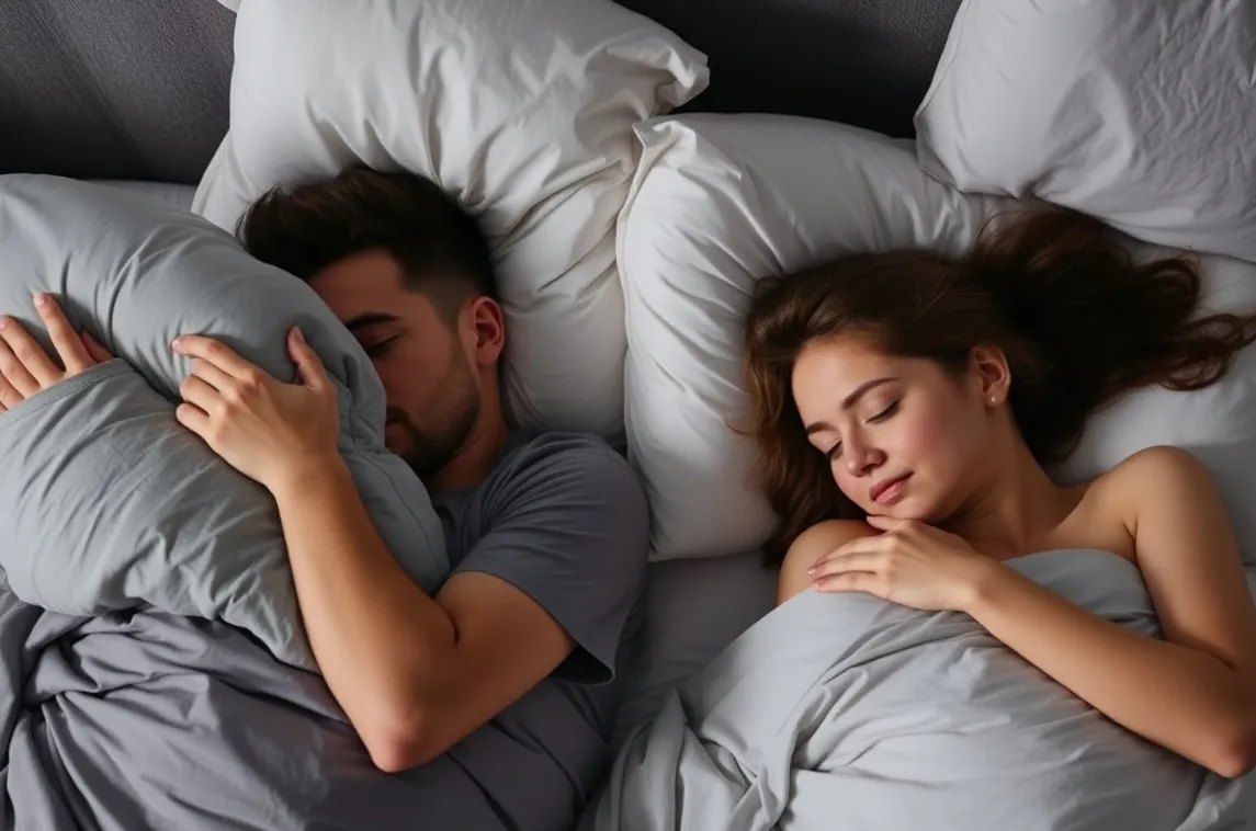 Couple asleep in bed, the man covering his ears with a pillow
