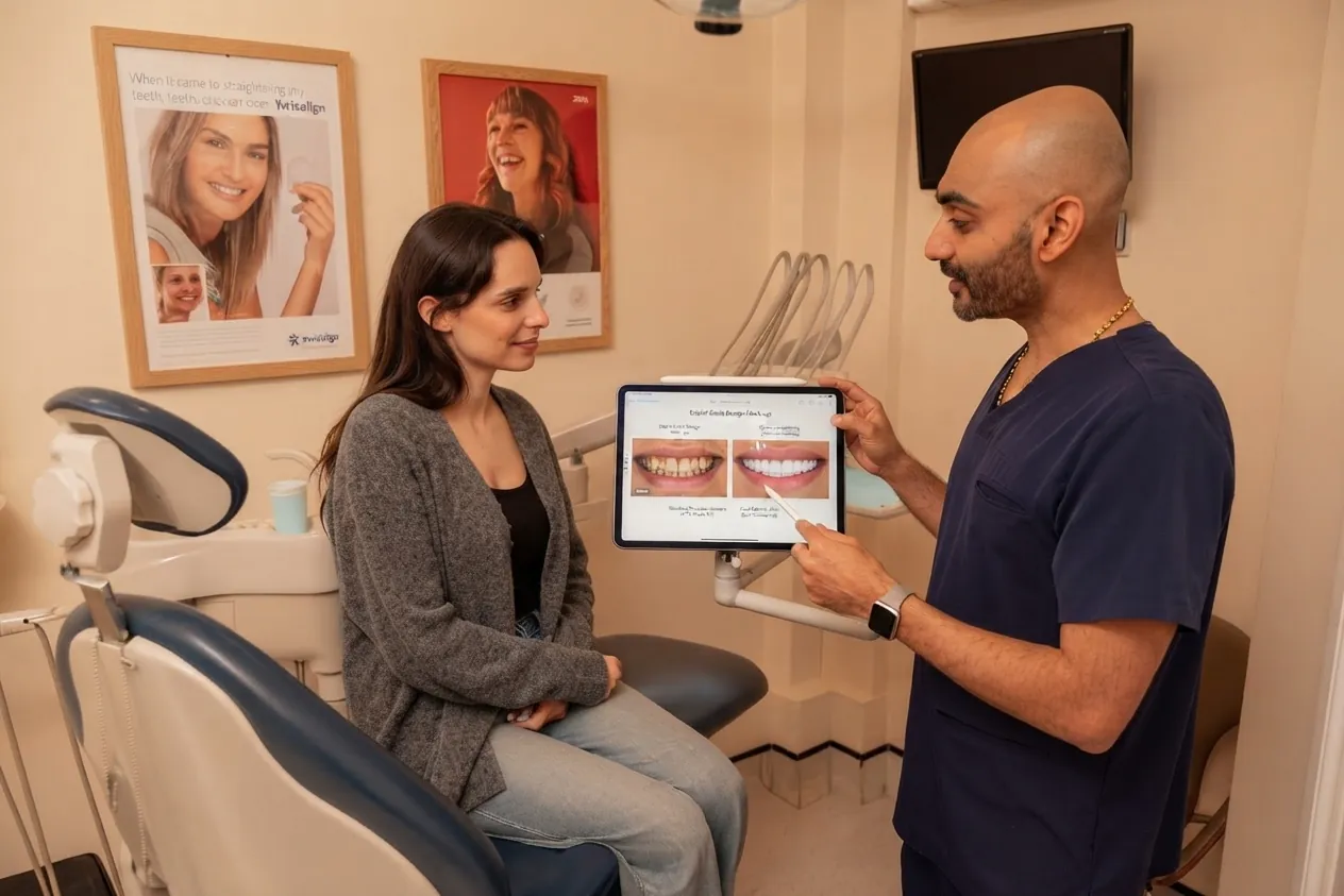 Zoom whitening: dentist showing a seated patient before-and-after whitening photos on a tablet