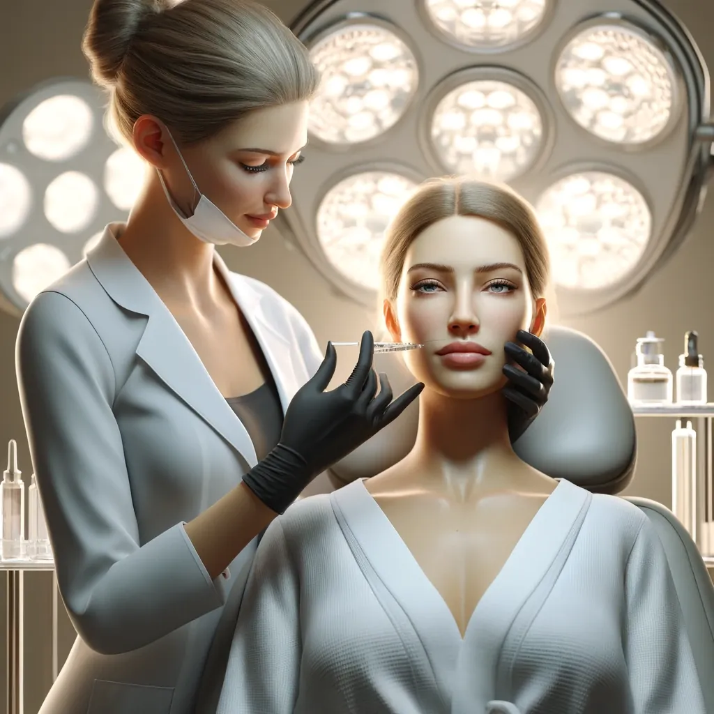 Illustration of a practitioner giving a facial injection to a client in a treatment chair