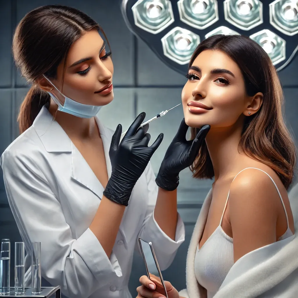 Illustration of a practitioner giving an aesthetic injection to a smiling client — anti-wrinkle treatment results timeline