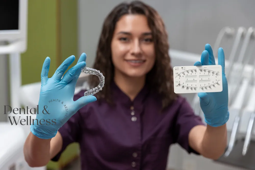 Dental professional holding a clear aligner in one hand and a model of fixed braces in the other