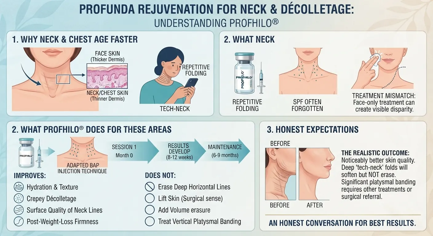 Infographic explaining Profhilo for the neck and décolletage, what it improves and realistic expectations