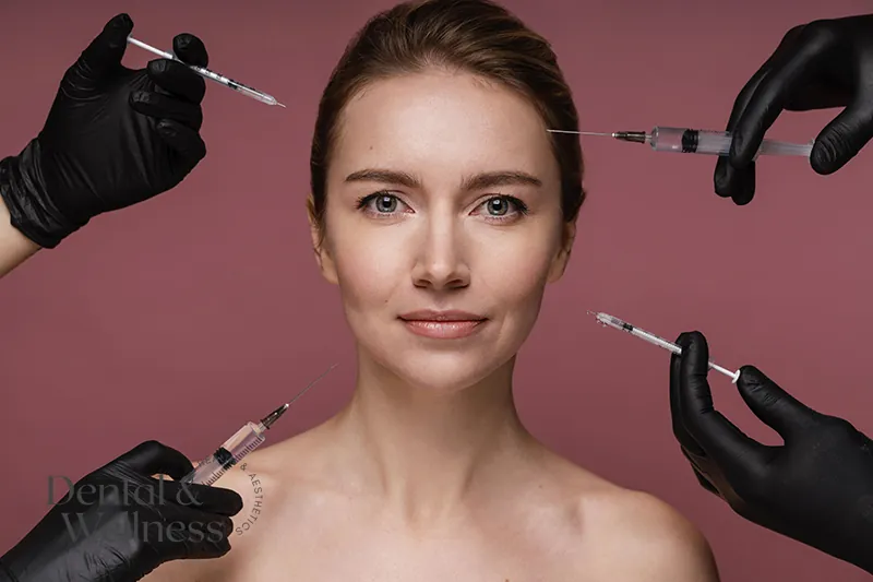 Woman surrounded by gloved hands holding syringes aimed at different areas of her face