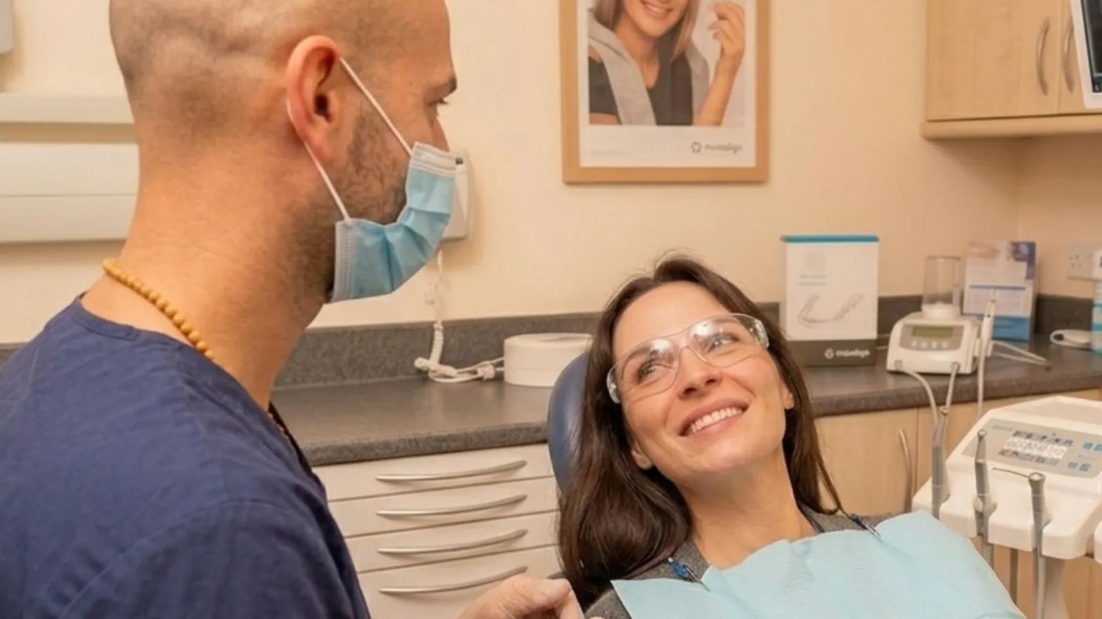 Profhilo aftercare: dentist beside a smiling patient in protective glasses in the dental chair
