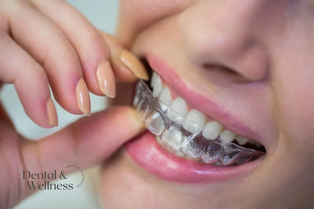 Woman fitting a clear aligner over her upper teeth