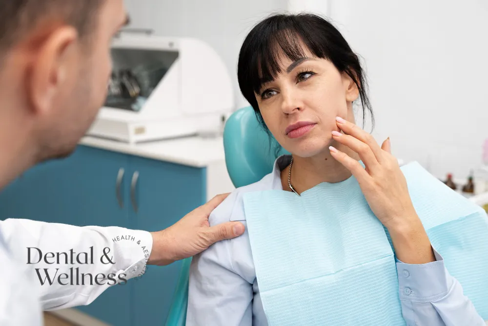 Dentist reassuring a woman holding her jaw in the dental chair