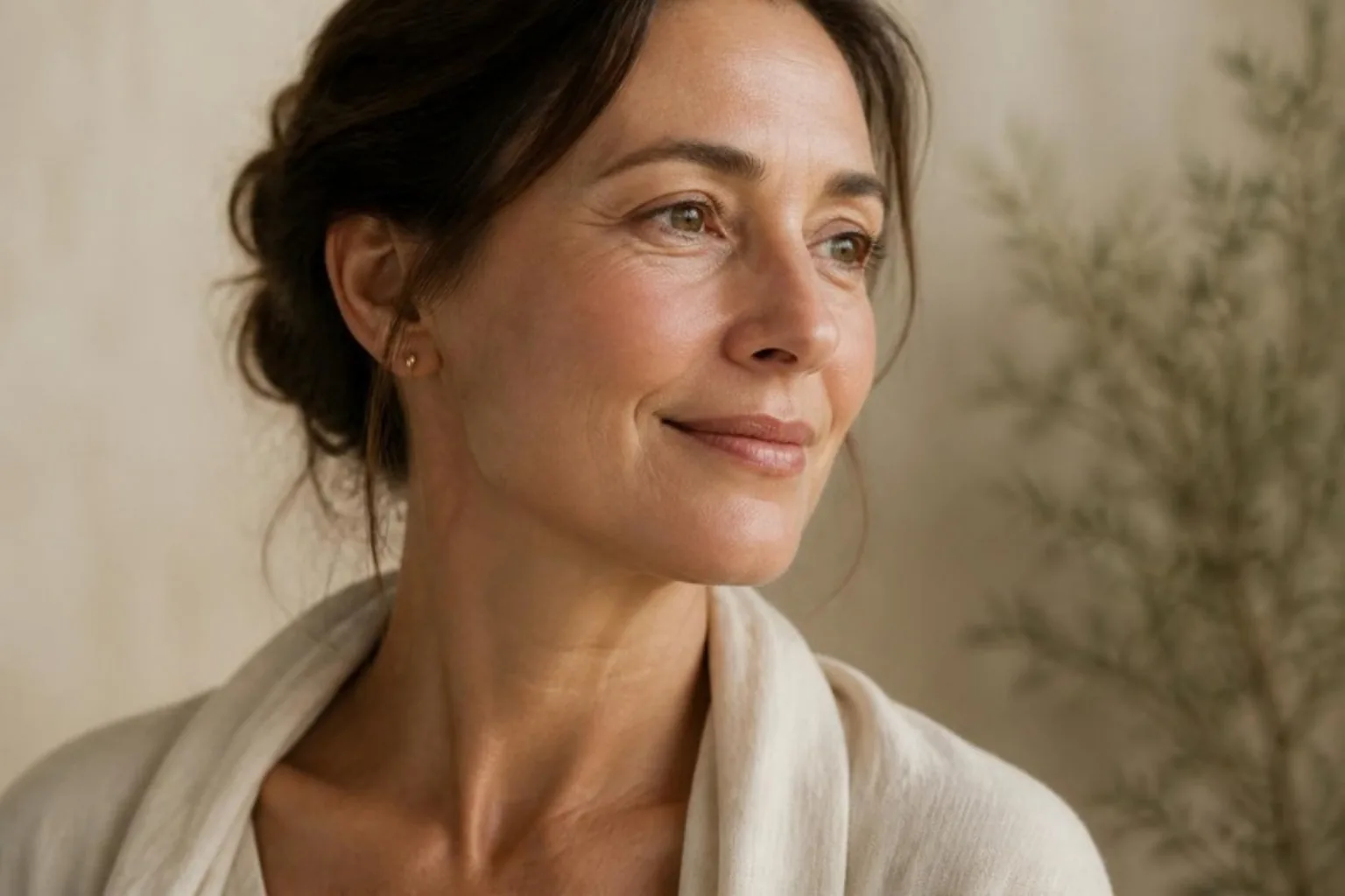 Crow's feet treatment: woman with natural fine lines at the corner of her eye, in soft natural light
