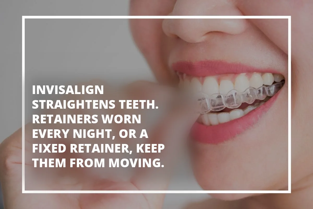 Graphic noting that retainers worn every night, or a fixed retainer, keep teeth straight after Invisalign